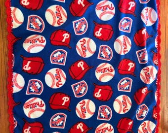 Philadelphia “PHILLIES” Baby/Toddler Fleece Blanket - 38”x30” with Red Scalloped Crocheted Edging.