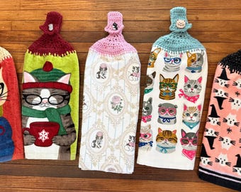 CATS - Cat Lovers Themed Double Thick Crocheted Hanging Towels with Cat Buttons.