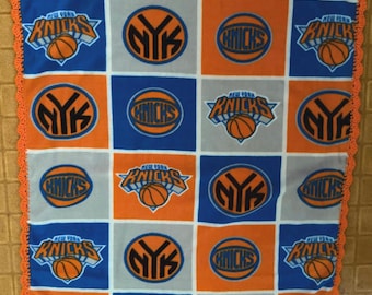 NY Knicks Fleece Toddler/Baby/Lap Blanket with Orange Scalloped Crocheted Edging.
