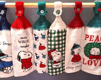 Crocheted Top Hanging Towels - Winter/Holiday Themed - Cartoon Dog Patterns