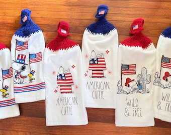 Cartoon Dog American Patriotic Themed Crocheted Top Hanging Towels.
