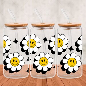 Retro Flower SVG - Smiley Flower SVG - Libbey Glass Can Wrap - Groovy - Digital Download SVG Files For Cricut - Flowers Boho Wrap Template
