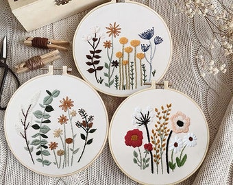 Bloemenborduurset voor beginners Modern|Hand Vintage kruissteek |Easy Art Floral Kit met hoepel|DIY Starter Craft Kit voor volwassenen