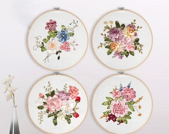 Flower Ribbon Embroidery Kit Floral, Easy DIY Beginner Ribbon Embroidery Kit for Adults, Hand Craft Art Kit with Hoop