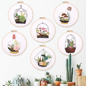 Cute Plant Embroidery Kit for Beginners Modern|Hand Cross Stitch Kit|Easy Art Line Kit|DIY Starter Craft Kit with Hoop