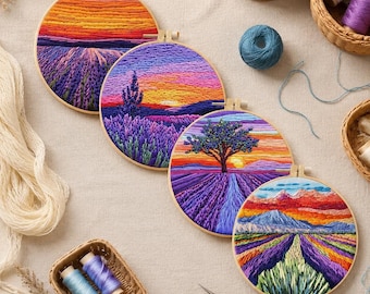 Lavender Sunset Embroidery Kit Set, Landscape Embroidery Kit for Beginners, DIY Floral Scenery Hoop Art, Nature Craft Kit Gift