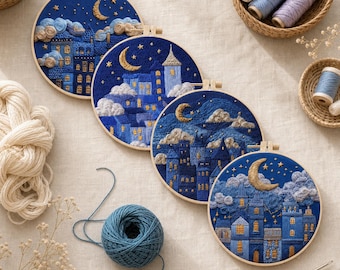 Moon and Stars Embroidery Kit for Beginners, Starry Night Cityscape Embroidery Hoop Kit, DIY Hand Embroidery Starter Kit, Craft Gift for Her
