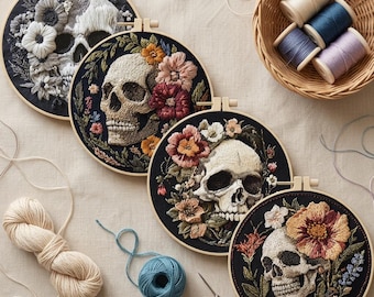 Floral Skull Embroidery Kit, Gothic Flower Needlework, Skull Hoop Art, Dark Botanical Embroidery, Halloween Craft Kit, DIY Gift for Her