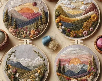 Peut inclure: Quatre cerceaux de broderie ronds représentant des paysages avec des montagnes, des arbres et des fleurs. Chaque pièce utilise différentes couleurs de fil pour représenter un coucher ou un lever de soleil. Des paniers de fil et des fournitures de broderie sont également visibles.