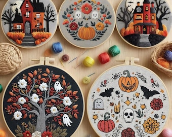 Happy Halloween Embroidery Kit for Beginners Modern, Skull Art Kit with Hoop, DIY Starter Craft Kit for Adults, Halloween Gift