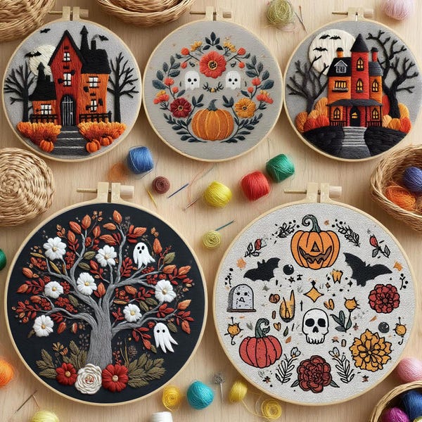 Kit de bordado de Halloween para iniciantes, moderno, kit de arte de caveira com bastidor, kit de artesanato inicial faça você mesmo para adultos, presente de Halloween