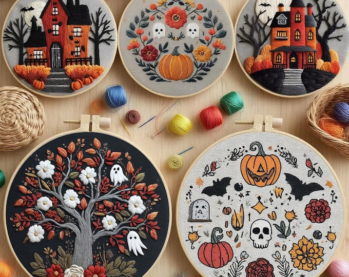 Happy Halloween Embroidery Kit for Beginners Modern, Skull Art Kit with Hoop, DIY Starter Craft Kit for Adults, Halloween Gift