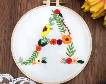 Floral Alphabet Embroidery Pattern|Hand Floral Monogram Kit Beginners Modern|Easy 26 Letters Embroidery Hoop Kit|DIY Starter Craft Kit