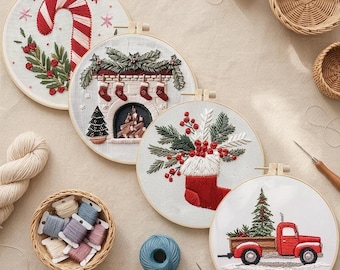 Christmas Embroidery Kit, Festive Hand Embroidery Hoop Art, DIY Needlepoint Craft Kit, Holiday Decor, Beginner Embroidery Gift