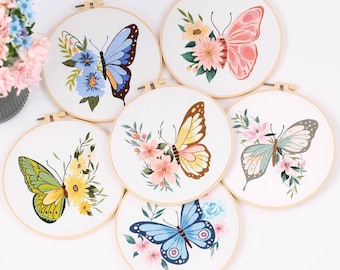 Butterflies Flowers Kit for Beginners Modern|Hand Cross Stitch|Line Hoop Art|Easy Embroidery Kit|DIY Starter Craft Kit for Adults
