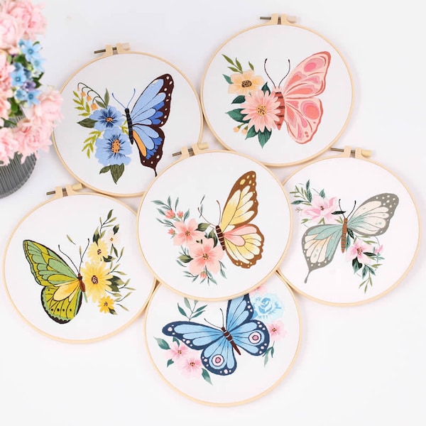 Butterflies Flowers Kit for Beginners Modern|Hand Cross Stitch|Line Hoop Art|Easy Embroidery Kit|DIY Starter Craft Kit for Adults