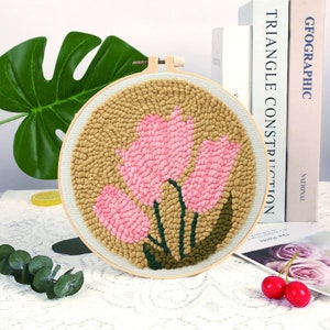 Pink Tulips Vase Flower Punch Needle Kit Beginner, DIY Punch Needles Start Kit for Adult, Punch Needle Kit with Yarn/All Materials Included