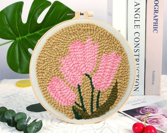 Pink Tulips Vase Flower Punch Needle Kit Beginner, DIY Punch Needles Start Kit for Adult, Punch Needle Kit with Yarn/All Materials Included