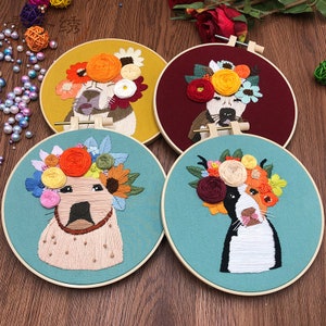 Animal Embroidery Kit for Beginners Modern|Easy Pet/Dog Cross Stitch|Hand Flower/Floral Art Kit with Hoop|DIY Starter Craft Kit for Adults