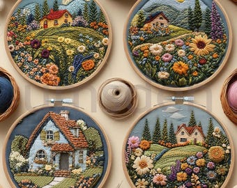Puede incluir: Cuatro bastidores de bordado circulares que muestran escenas de paisajes detalladas. Cada uno presenta una casa, flores y árboles, con un fondo de cielo azul. El bordado utiliza varios colores, incluyendo verde, naranja, amarillo y azul. Suministros de costura rodean los bastidores.