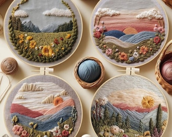 Hermoso kit de bordado de paisajes con árboles para principiantes. Kit de arte floral moderno e intrincado con bastidor. Kit de manualidades para principiantes para adultos.