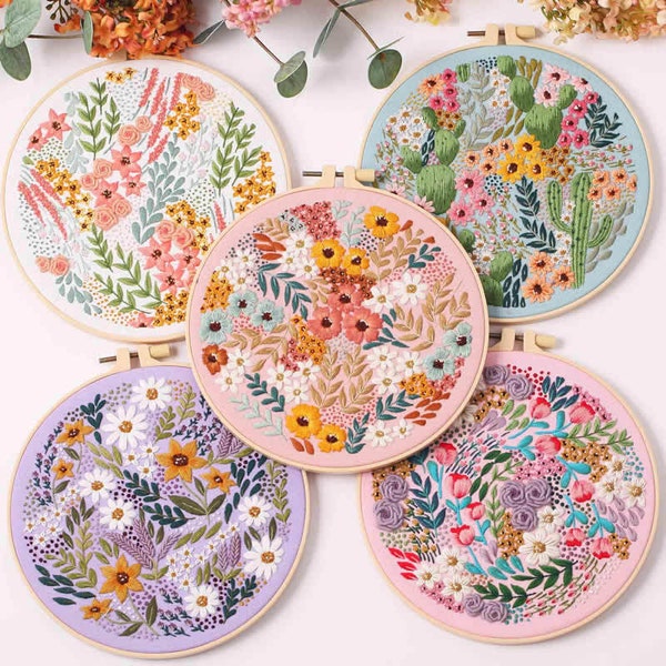 Flower Embroidery Kit for Beginners Modern|Easy Floral/ FloralCross Stitch/Floral Art Kit with Hoop|DIY Starter Craft Kit for Adults