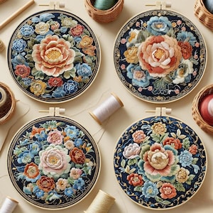 Könnte beinhalten: Vier runde Stickrahmen mit floralen Designs. Jeder Rahmen zeigt eine zentrale Blume, umgeben von kleineren Blüten in Rosa, Orange, Blau und Gelb auf einem dunkelblauen Hintergrund. Holzreifen und Garnrollen sind ebenfalls sichtbar.