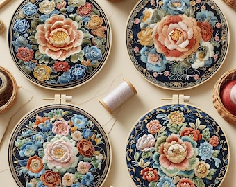 Kit de broderie de fleurs complexes pour non-débutants, kit d'art floral/floral complexe moderne avec cerceau, kit de création de bricolage pour adultes