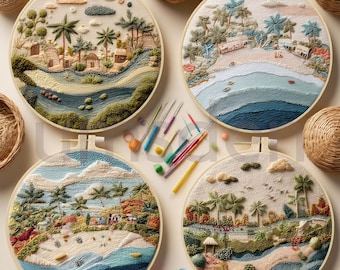 May include: Four round embroidery hoops with tropical landscape scenes. Each features detailed stitching of palm trees, beaches, and small buildings. Embroidery tools, thread spools, and small baskets are scattered around the hoops, suggesting a crafting theme.