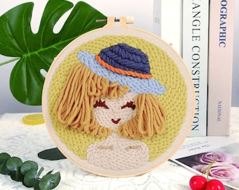 Girl in Hat Embroidery Punch Needle Kit Beginner, DIY Punch