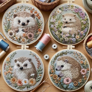 Cute Hedgehog Embroidery Kit for Beginners Modern, Easy Floral/Floral Art Kit with Hoop, DIY Starter Craft Kit for Adults, Gift for Her
