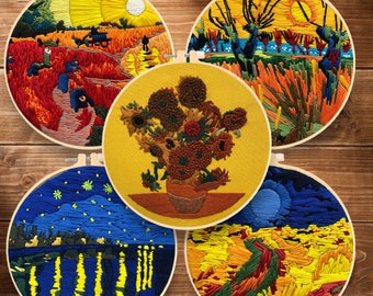Van Gogh Starry Night Embroidery Kit for Beginners Modern, Cross Stitch|Hand Sunflower Art Kit with Hoop|DIY Starter Craft Kit for Adults