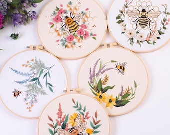 Bees and Flowers Embroidery Kit for Beginners Modern, Easy Floral/Floral Art Kit with Hoop, DIY Starter Craft Kit for Adults