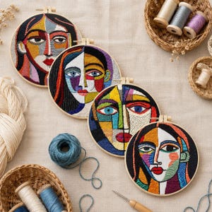 May include: Four circular embroidery hoops featuring abstract face designs stitched with vibrant, multi-coloured thread. Each hoop displays a unique portrait composed of geometric shapes in shades of red, blue, yellow, and black. Spools of thread and yarn are nearby.