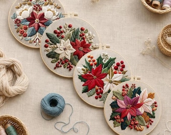 Christmas Embroidery Kit for Beginners, Poinsettia Floral Embroidery Hoop Kit, DIY Hand Embroidery Starter Kit, Holiday Craft Gift for Her
