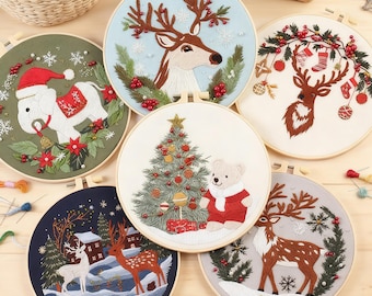 Merry Christmas Embroidery Kit for Beginners Modern, Reindeer/Christmas Art Kit with Hoop, DIY Starter Craft Kit for Adults