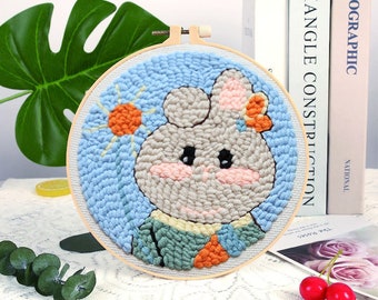 Kawaii Animal White Rabbit Needle Kit Beginner, DIY Punch Needles Start Kit for Adult, Punch Needle Kit with Yarn/All Materials Included