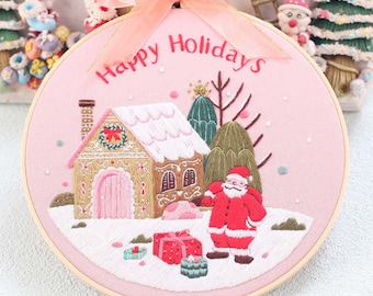 Merry Christmas Embroidery Kit for Beginners Modern|Santa Claus Embroidery|Snowman Embroidery Kit|DIY Starter Craft Kit with Hoop