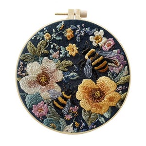 May include: A detailed embroidery hoop art piece featuring two bees and various flowers in shades of yellow, pink, and cream against a dark blue background. The embroidery is set in a wooden hoop, showcasing a handcrafted floral design.