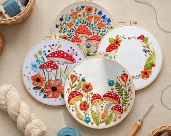 Colorful mushrooms Embroidery Kit for Beginners Modern, Intricate Floral/Floral Art Kit with Hoop, DIY Starter Craft Kit for Adults