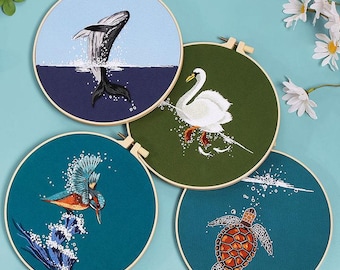 Whales in the Water Embroidery Kit for Beginners Modern, Animal Embroidery/Cuckold Art Kit with Hoop, DIY Starter Craft Kit for Adults