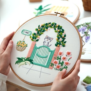 Home Greenery Embroidery Kit for Beginners Modern|Easy Floral/ FloralCross Stitch/Cat Art Kit with Hoop|DIY Starter Craft Kit for Adults