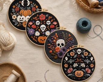 Skeleton and Pumpkin Hand Embroidery Hoop Art Set DIY Nature Inspired Craft Kit Sunflower Wildflower Embroidery Project