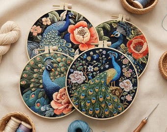 Peacock Series Embroidery Kit for Beginners Modern, Intricate Floral/Floral Art Kit with Hoop, DIY Starter Craft Kit for Adults