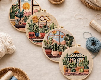 Cactus Embroidery Kit for Beginners, DIY Succulent Greenhouse Embroidery Hoop Kit, Desert Botanical Hand Embroidery Plant Lover Gift for Her