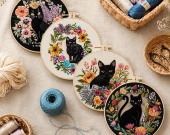 Cute Black Cat Embroidery Kit Set, Landscape Embroidery Kit for Beginners, DIY Floral Scenery Hoop Art, Nature Craft Kit Gift