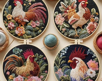 May include: Four round embroidery hoops featuring detailed rooster designs. Each hoop showcases a rooster surrounded by colorful floral embroidery on a black background. The roosters have red combs and vibrant plumage.