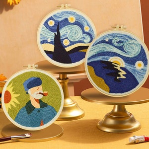 Van Gogh Starry Night Punch Needle Kit Beginner, DIY Punch Needles Start Kit for Adult, Punch Needle Kit with Yarn/All Materials Included