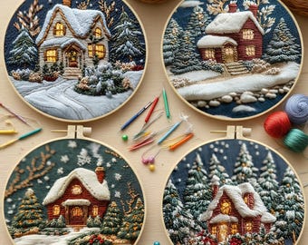 Merry Christmas Embroidery Kit, Cottage Winter Scene, DIY Craft with Hoop