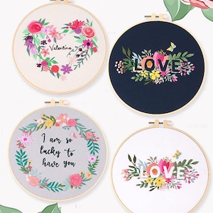 Floral Wreath Embroidery Kit for Beginners Modern|Hand Heart/Love Cross Stitch Kit|Easy Art Flower Kit|DIY Starter Craft Kit with Hoop